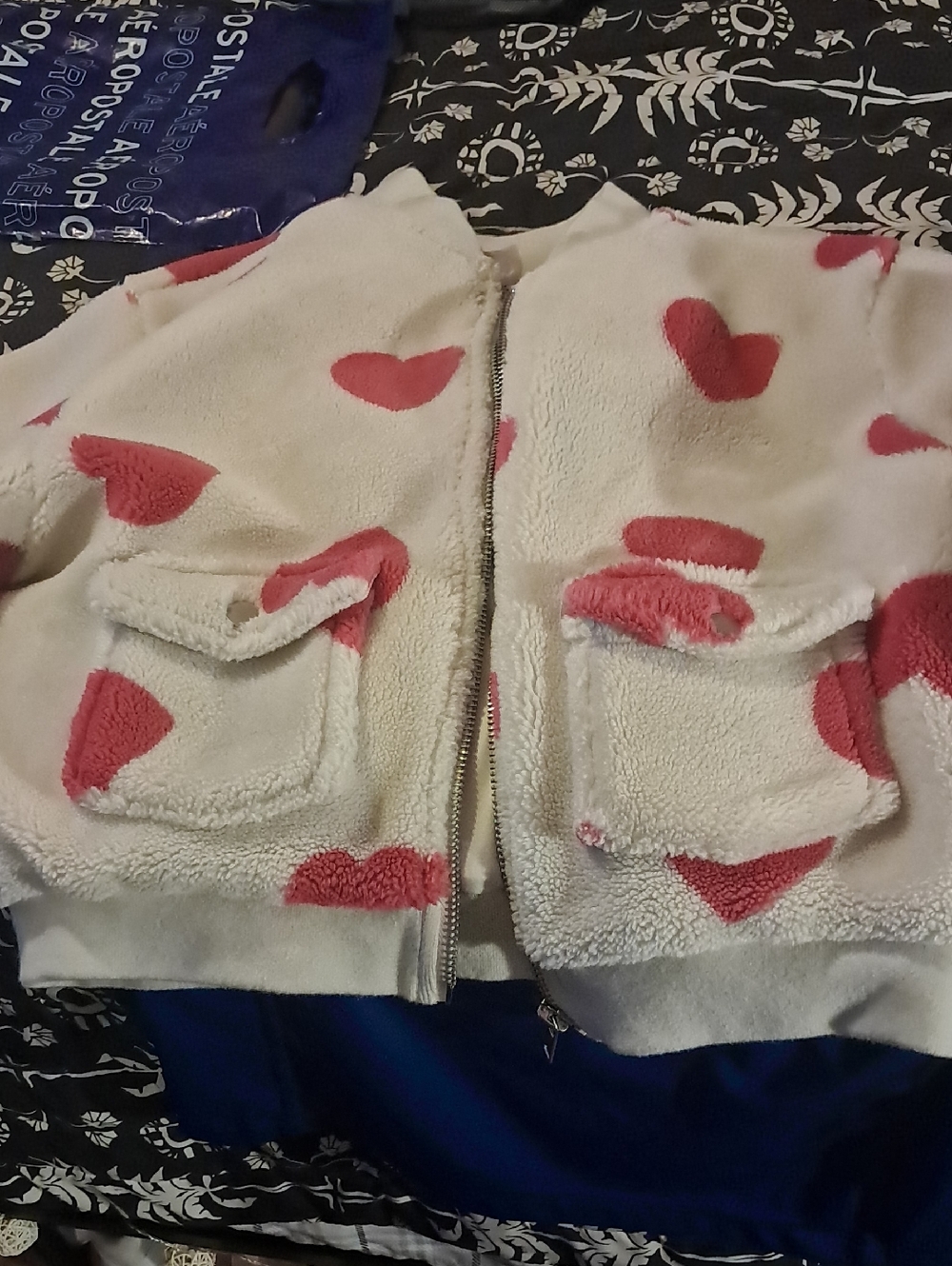 No Boundaries Cream Sherpa Jacket with Pink Heart Print